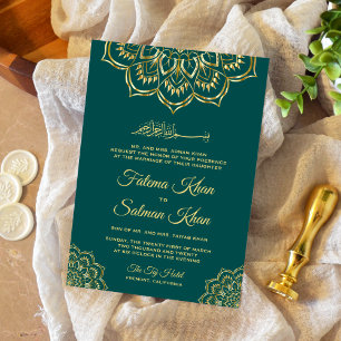 Traditional Sea Green Gold Motif Islamic Wedding Invitation