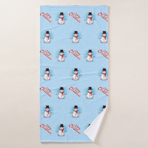 Traditional Snowman with Merry Christmas on BLUE Bath Towel