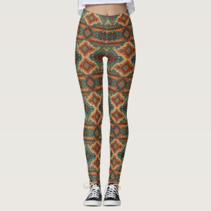 Traditional Southwestern rustic teal & brown Leggings
