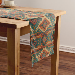 Traditional Southwestern rustic teal & brown Short Table Runner