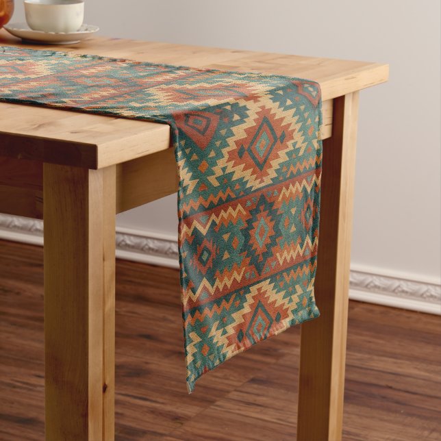 Traditional Southwestern rustic teal & brown  Short Table Runner (In Situ)