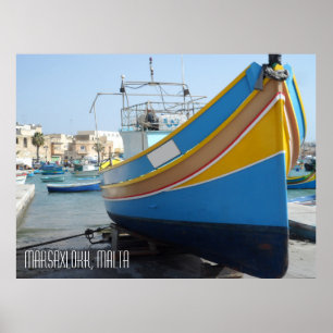 Traditional Striped Fishing Boat Marsaxlokk Malta Poster