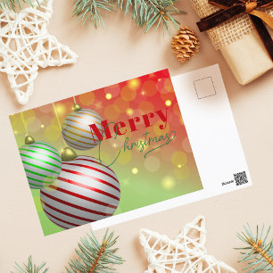 Traditional Striped Ornaments Merry Christmas Holiday Postcard