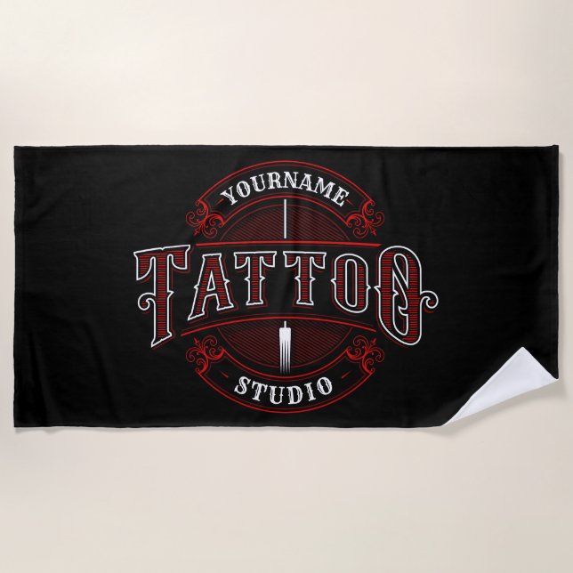 Traditional Style ADD NAME Tattoo Studio Shop Beach Towel (Front)