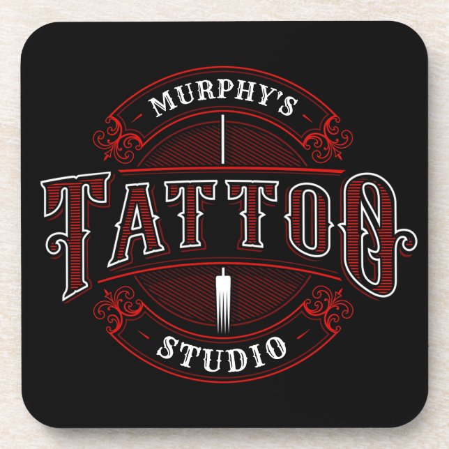 Traditional Style ADD NAME Tattoo Studio Shop Coaster (Front)