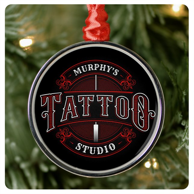 Traditional Style ADD NAME Tattoo Studio Shop Metal Ornament (Creator Uploaded)