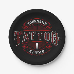 Traditional Style ADD NAME Tattoo Studio Shop Paper Plate