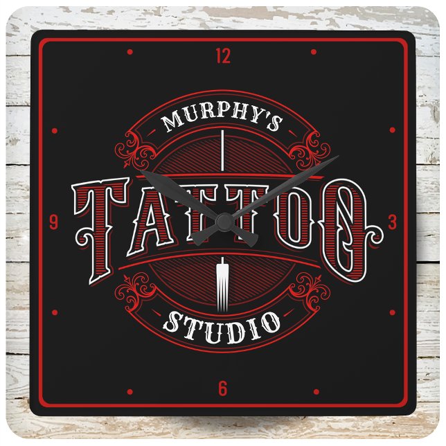 Traditional Style ADD NAME Tattoo Studio Shop Square Wall Clock (Creator Uploaded)