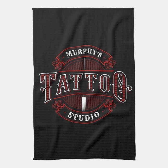 Traditional Style ADD NAME Tattoo Studio Shop Tea Towel (Vertical)
