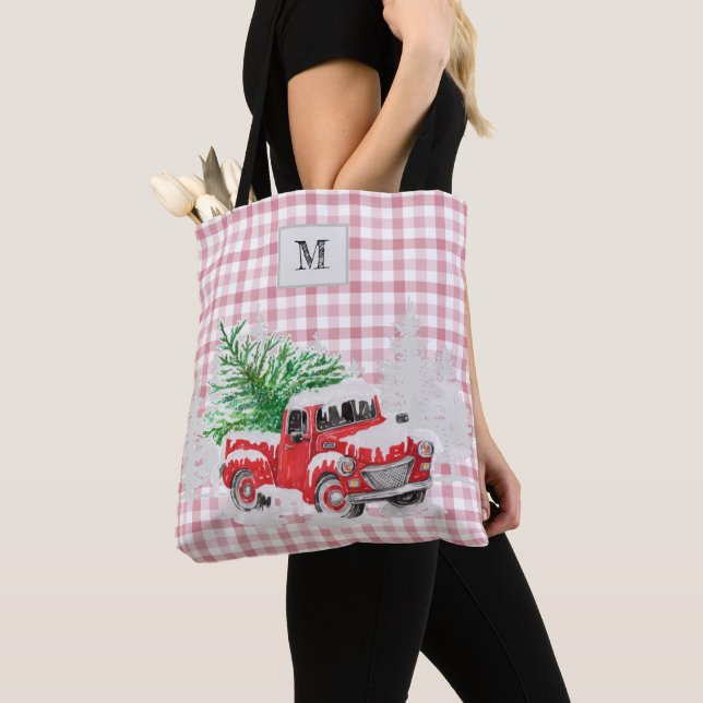 Traditional tartan plaid monogram red truck pink tote bag (Close Up)