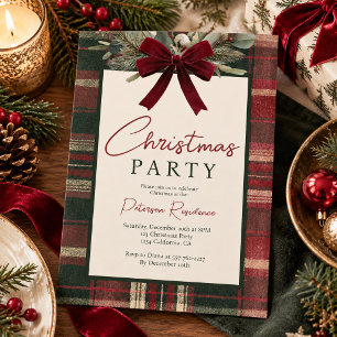 Traditional Tartan Plaid Red Bow Christmas Invitation