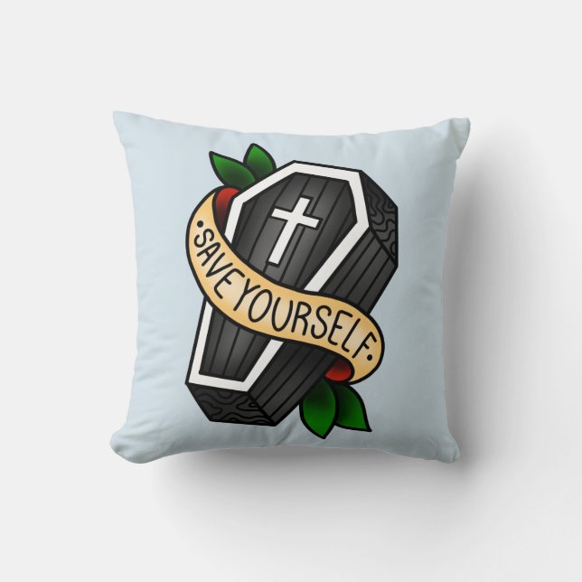 Traditional Tattoo Coffin Throw Pillow (Front)