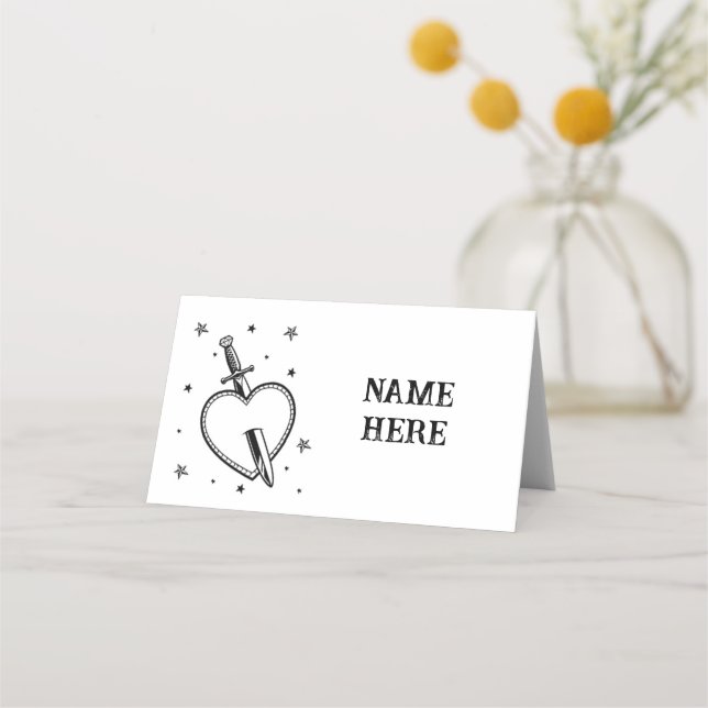 Traditional Tattoo Heart Folded Name Cards Wedding (Front)