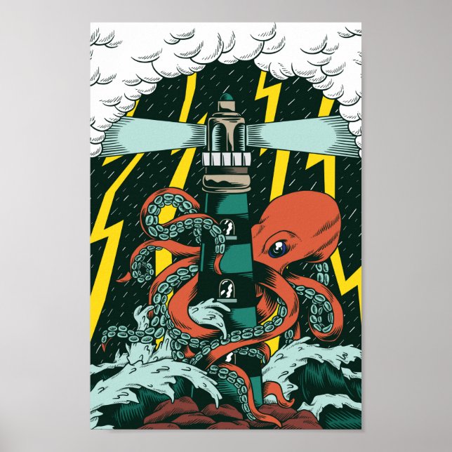 Traditional Tattoo Style Octopus and Lighthouse Poster (Front)