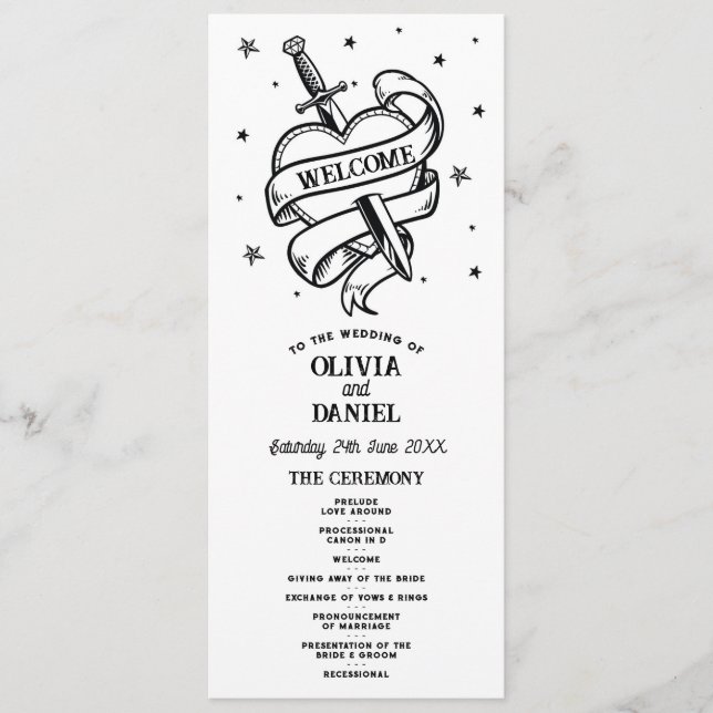 Traditional Tattoo Wedding Heart Ceremony Details Program (Front)