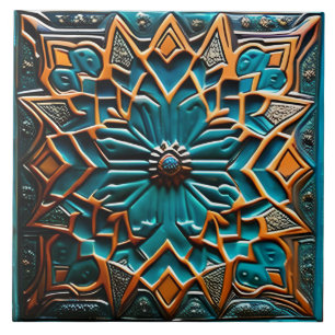 Traditional Teal and Mustard ceramic art Ceramic Tile