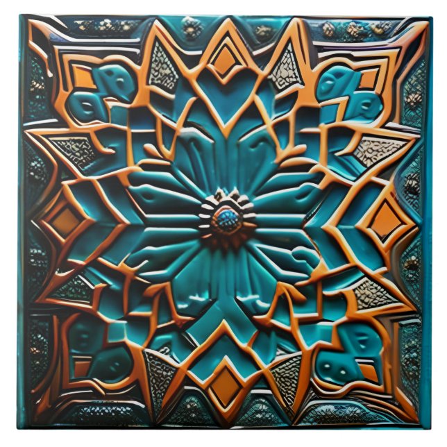 Traditional Teal and Mustard ceramic art  Ceramic Tile (Front)