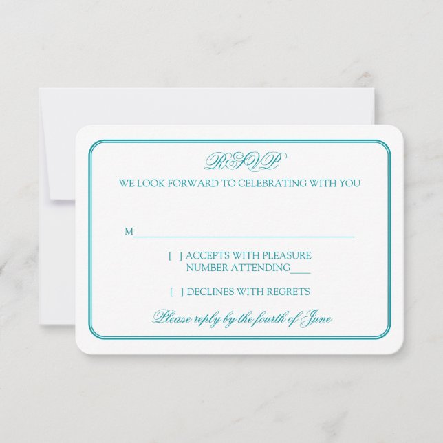 Traditional Teal and White Wedding RSVP Reply Card (Front)