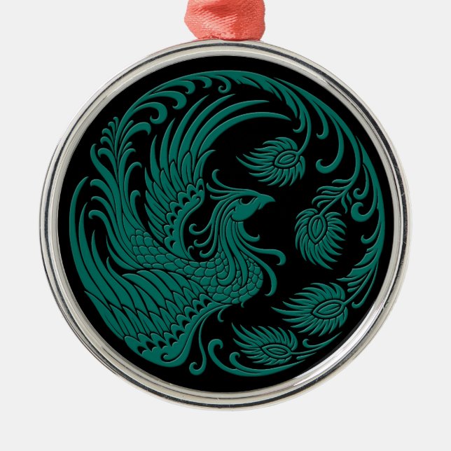Traditional Teal Blue Phoenix Circle on Black Metal Ornament (Front)