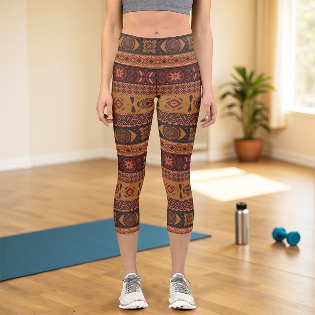 Traditional Terracotta Ethnic Tribal Boho Pattern Capri Leggings (Creator Uploaded)