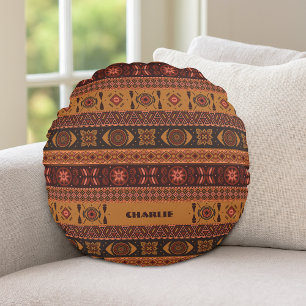 Traditional Terracotta Ethnic Tribal Boho Pattern Round Cushion
