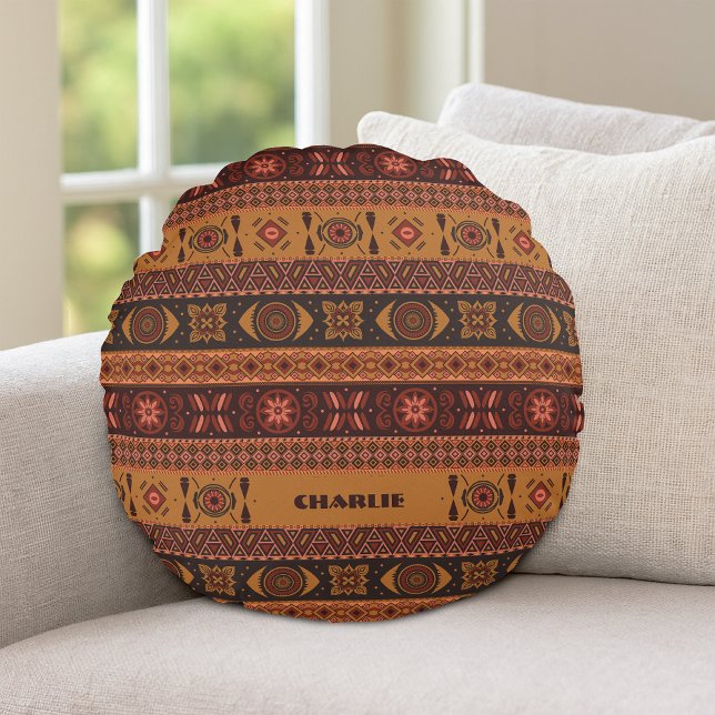 Traditional Terracotta Ethnic Tribal Boho Pattern Round Cushion (Creator Uploaded)