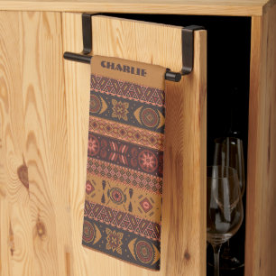 Traditional Terracotta Ethnic Tribal Boho Pattern Tea Towel
