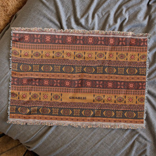Traditional Terracotta Ethnic Tribal Boho Pattern Throw Blanket