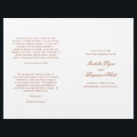 Traditional Terracotta Formal Wedding Program<br><div class="desc">Classic style folded Wedding Program in terracotta with accent words in an elegant calligraphy typography. The front has your event details, the inside has your wedding party and order of ceremony. The back has a template for your message / quotes. All text is burnt orange / rust over a white...</div>