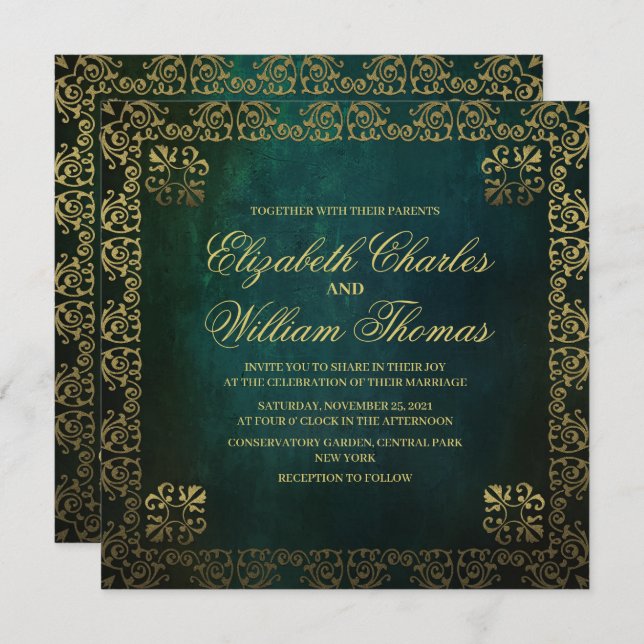 Traditional Textured Green & Gold Wedding Invitation (Front/Back)