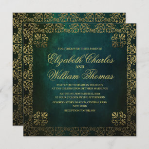 Traditional Textured Green & Gold Wedding Invitation