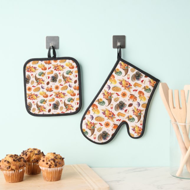 Traditional Thanksgiving Oven Mitt & Pot Holder Set (Insitu(Hanging))