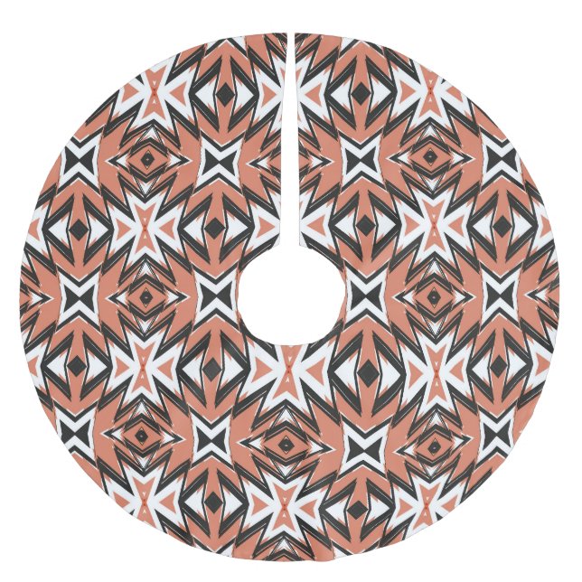 Traditional tile, ethnic coral geometric. brushed polyester tree skirt (Front)