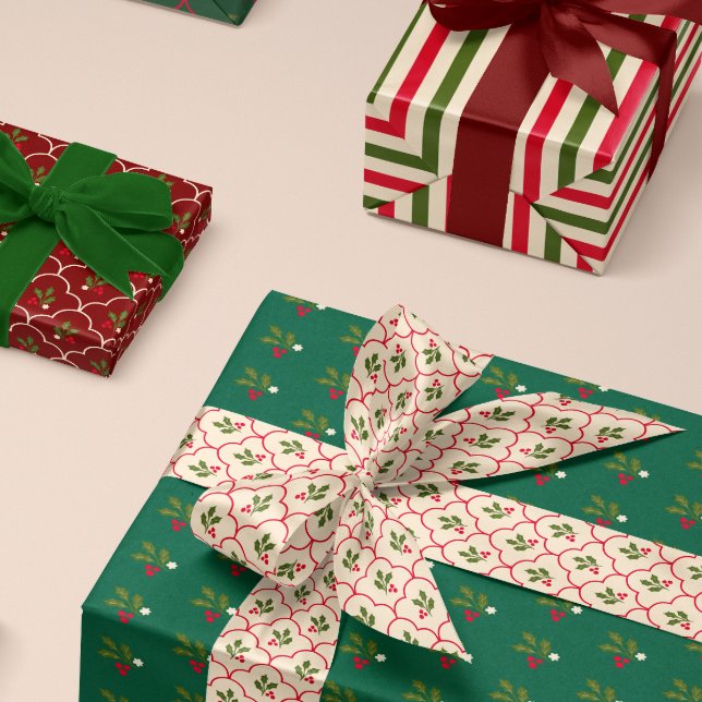 Traditional Trio Scallop and Holly Christmas Wrapping Paper Sheet (Creator Uploaded)