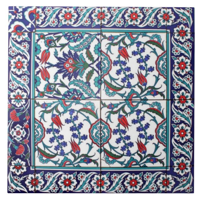 Traditional Turkish Iznik Tile  Red and Blue Flora (Front)