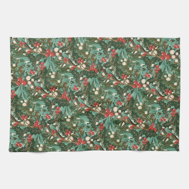 Traditional Unique Botanical Holiday Christmas Tea Towel (Horizontal)