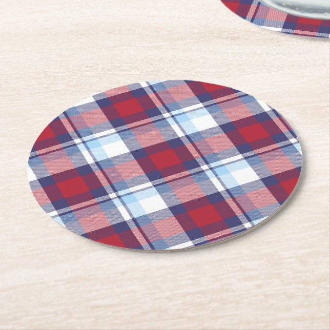 Traditional USA Red White Blue Tartan Pattern Round Paper Coaster (Angled)