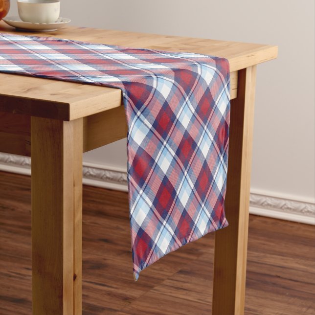 Traditional USA Red White Blue Tartan Pattern Short Table Runner (In Situ)