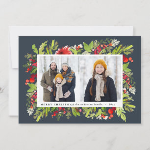 Traditional watercolor floral + foliage christmas holiday card