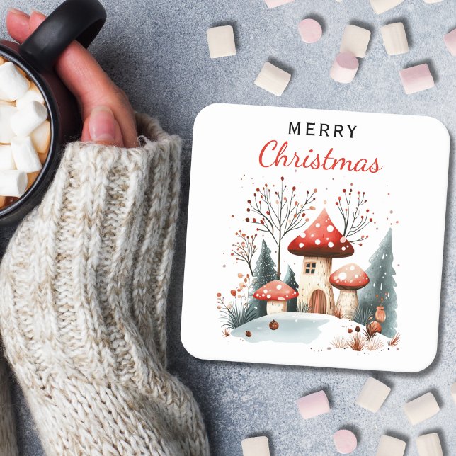 Traditional Watercolor Woodland Merry Christmas  Square Paper Coaster (Creator Uploaded)