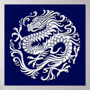 Traditional White and Blue Chinese Dragon Circle Poster
