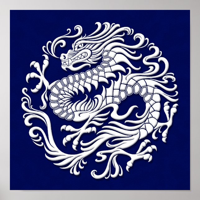 Traditional White and Blue Chinese Dragon Circle Poster (Front)