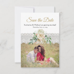 Traditional White Gold Roses Floral Lace Wedding Save The Date