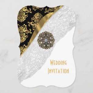 Traditional white lace black and gold wedding invitation