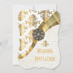 Traditional white parchment gold damask wedding invitation