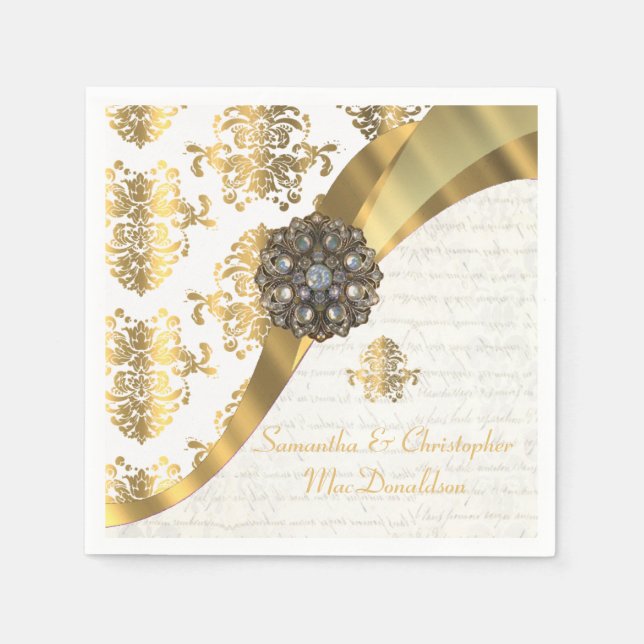 Traditional white parchment gold damask wedding napkin (Front)