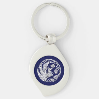 Traditional White Phoenix Circle on Blue Key Ring