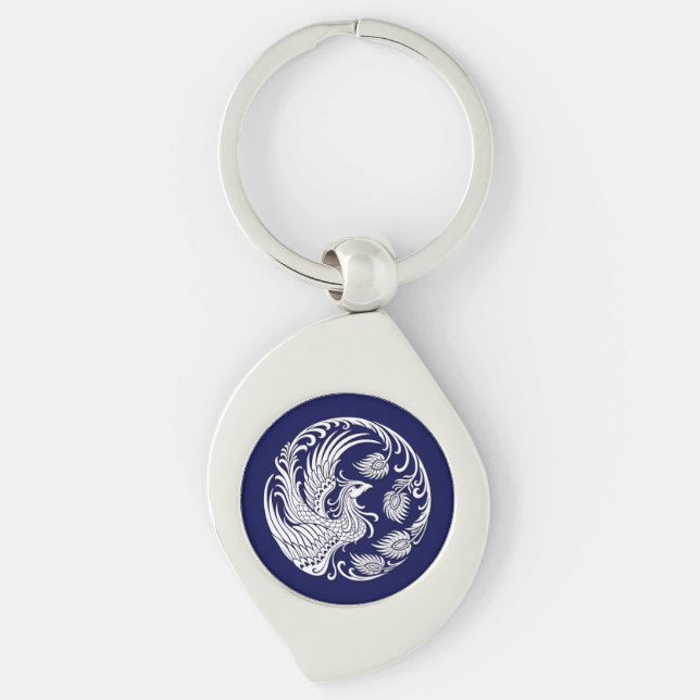 Traditional White Phoenix Circle on Blue Key Ring (Front)