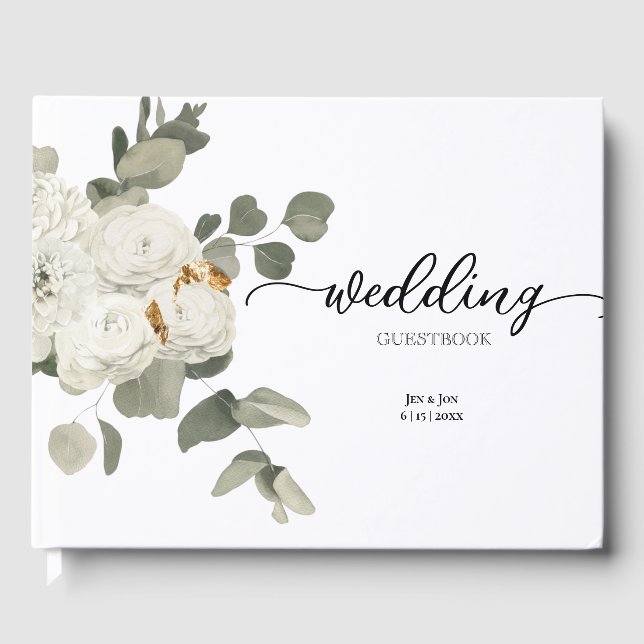 Traditional White Rose Floral Bouquet Wedding Guest Book (Front)