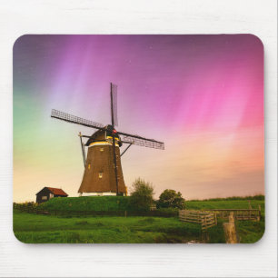 Traditional windmill under the Northern Lights Mouse Pad